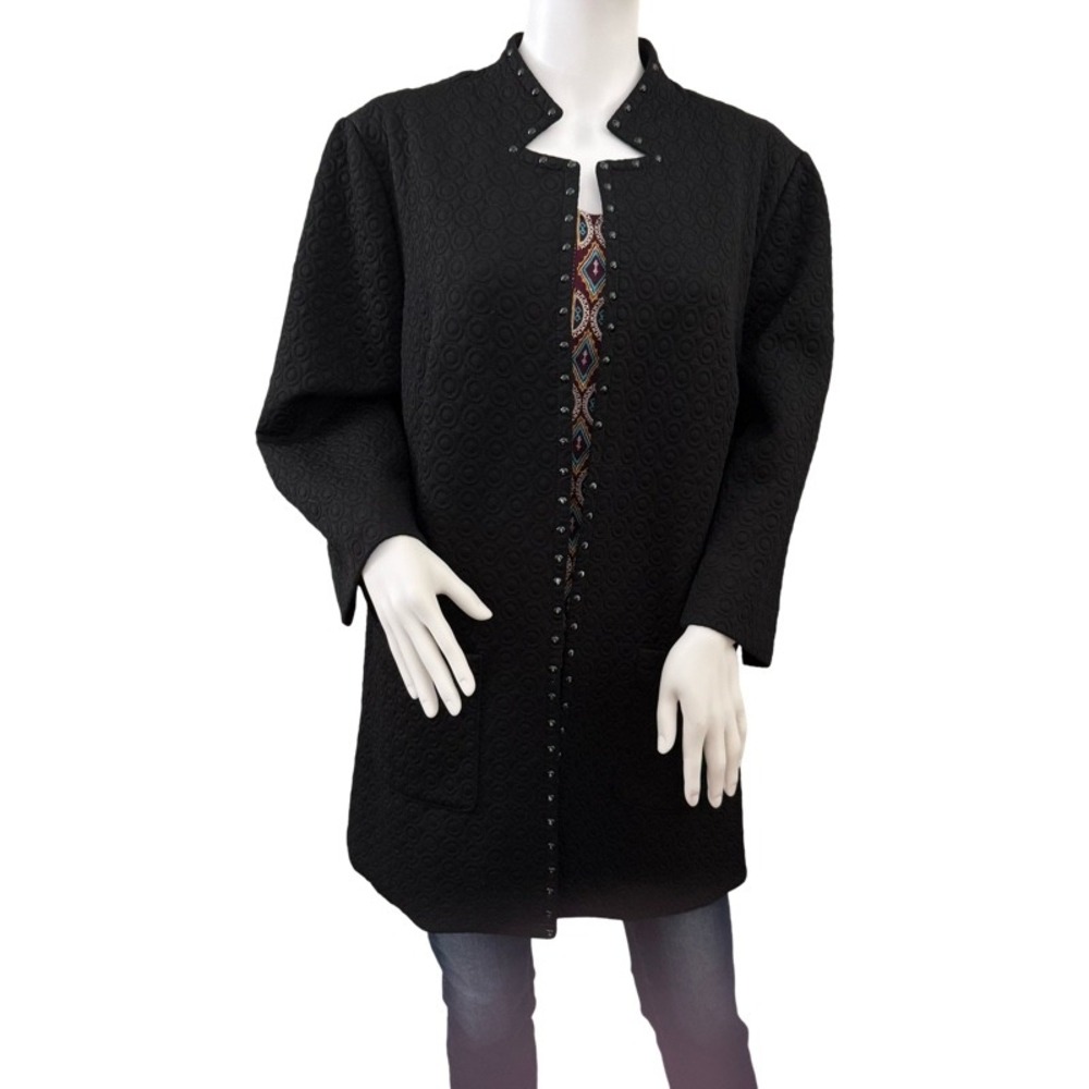 ROZ & ALI Quilted Jacket 1X Black‎ Studded Collar Long Sleeve Open Front Coat
